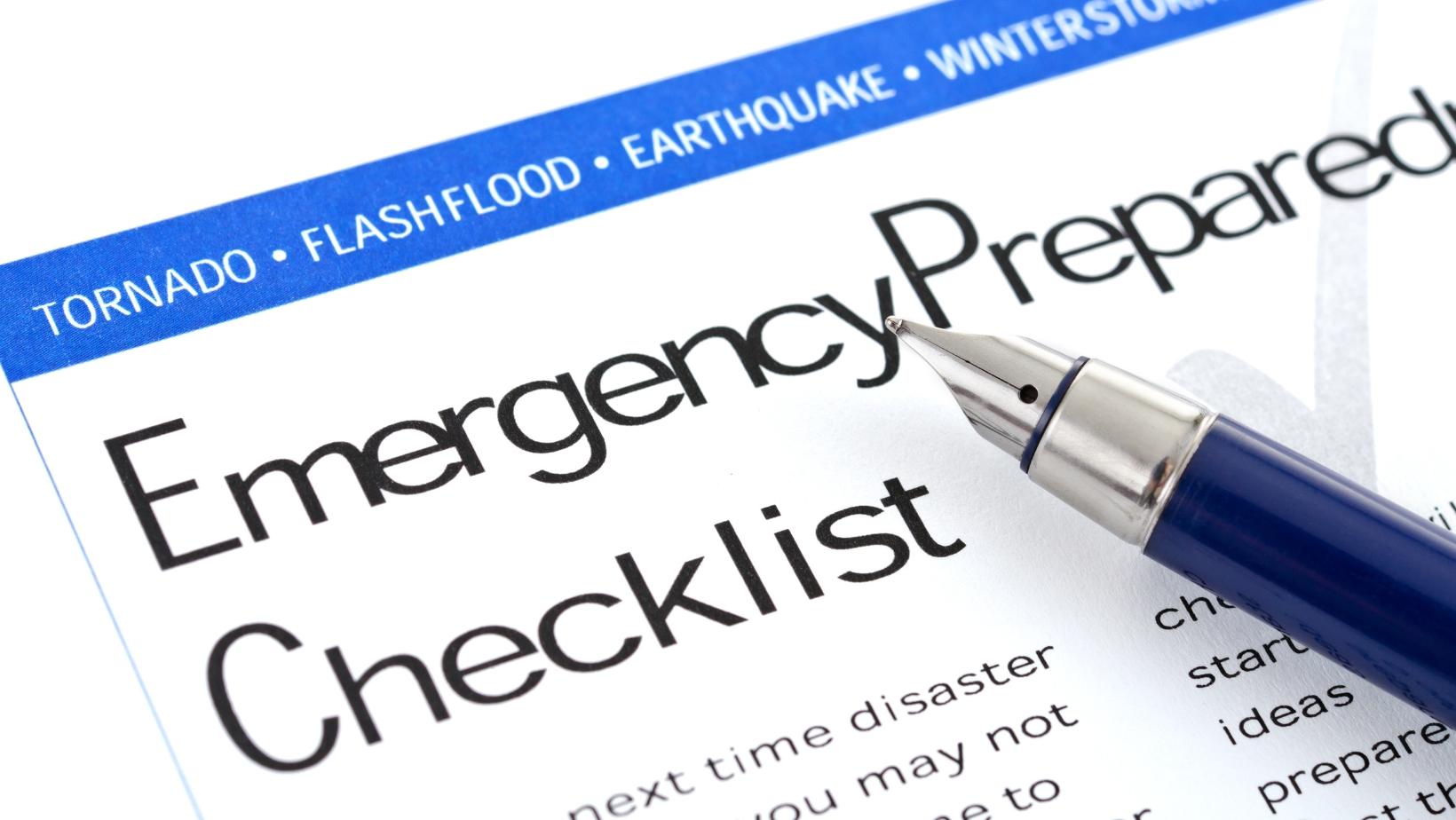 Closeup of a printed emergency preparedness checklist.