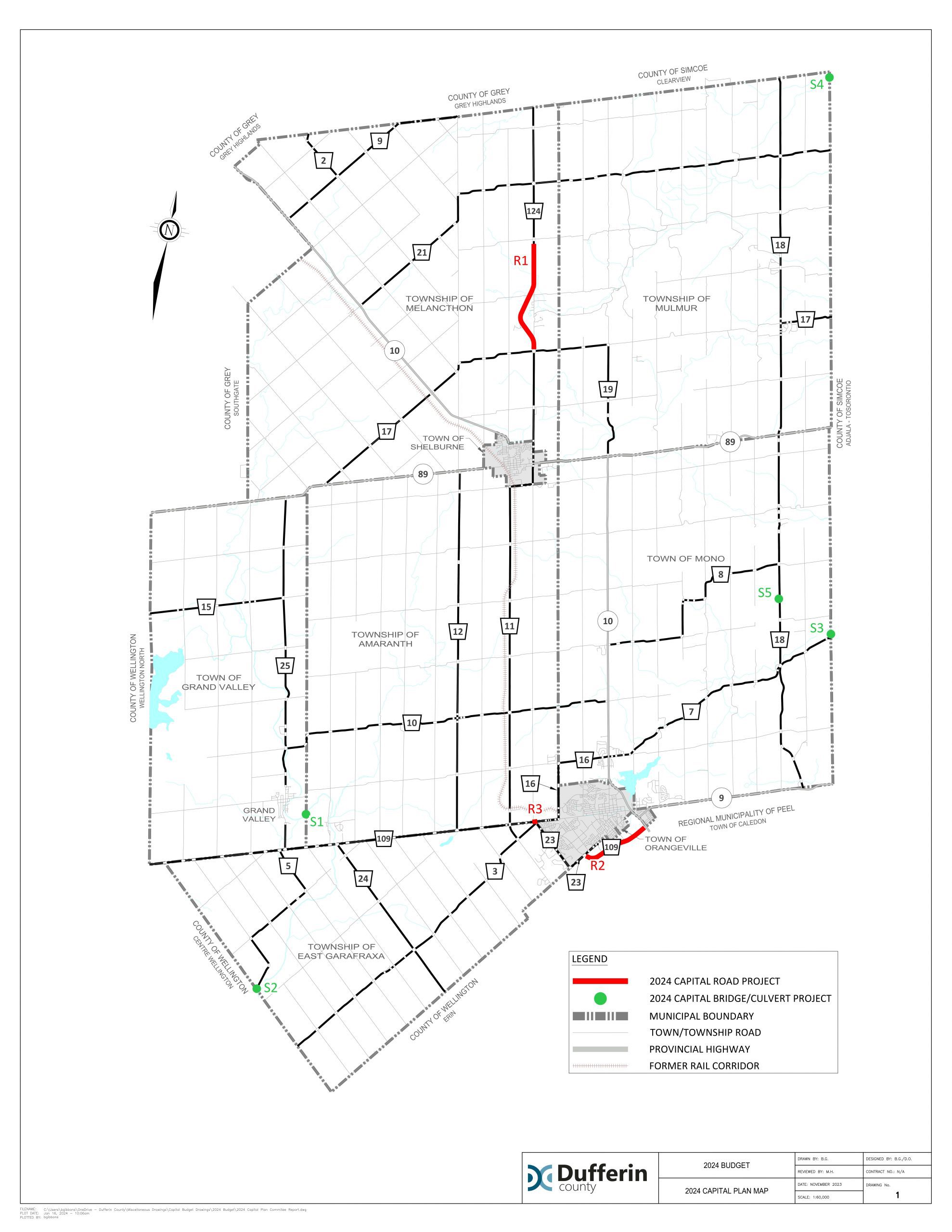 Dufferin County's 2024 Capital Plan Road construction map.