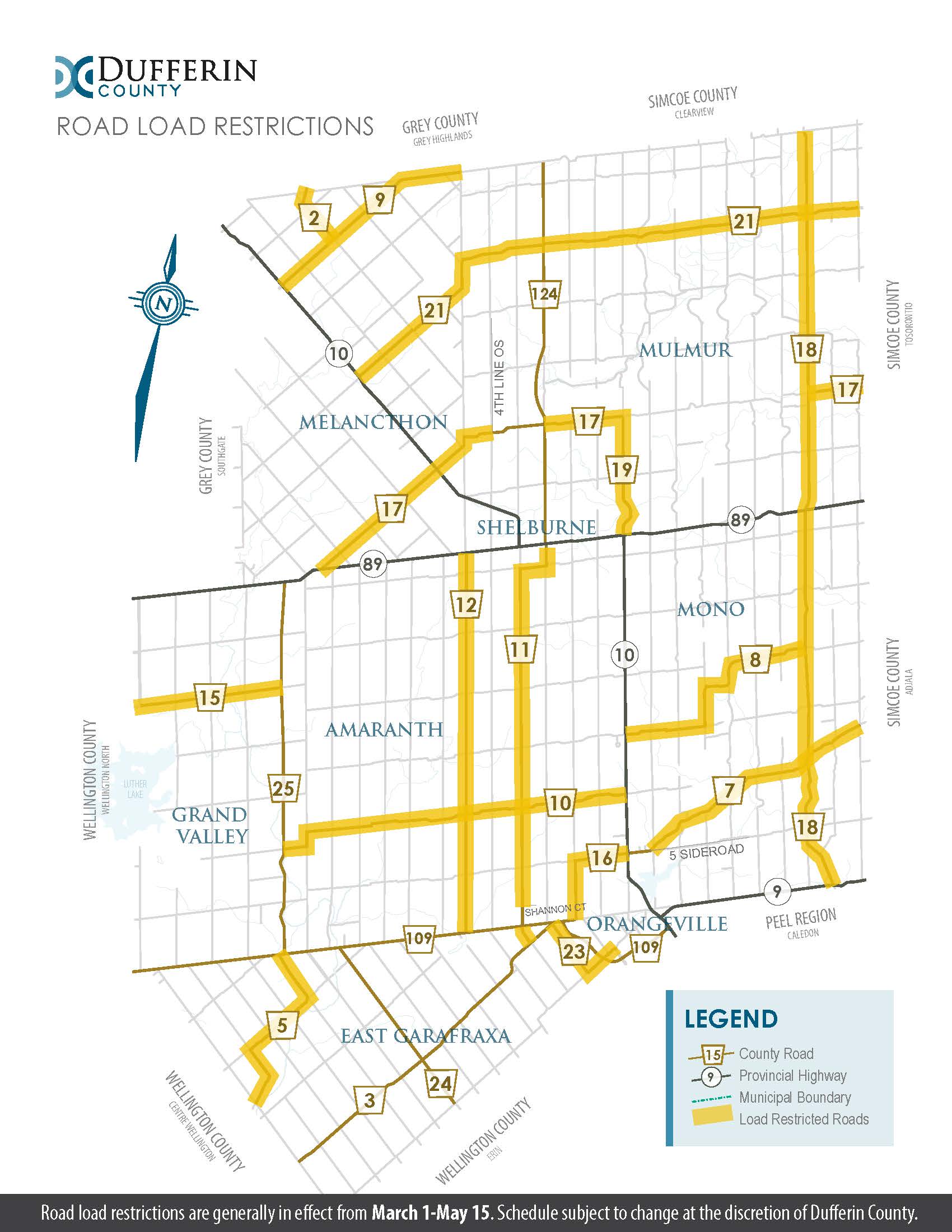 A map showing the load restricted roads in Dufferin County