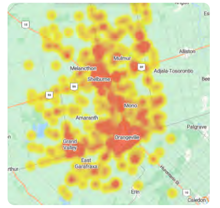 heat map of Dufferin County representing paramedic call volumes