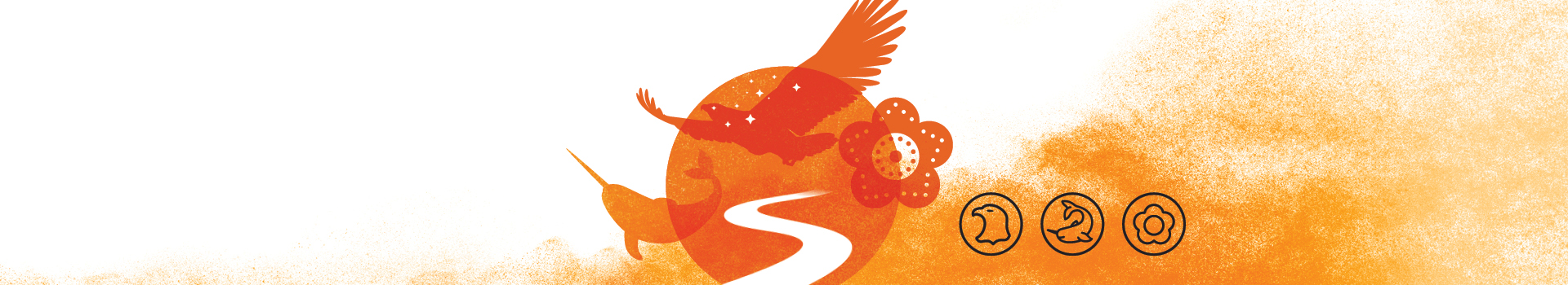 Orange imagery white background with black icons